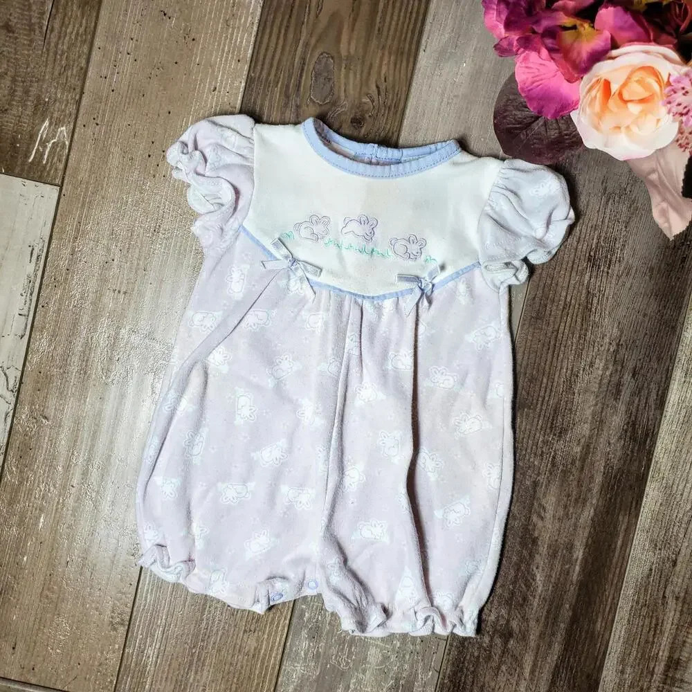 Little Miracles Baby Girl Purple & White 3/6M Spring Bunny Rabbit Bubble Romper
